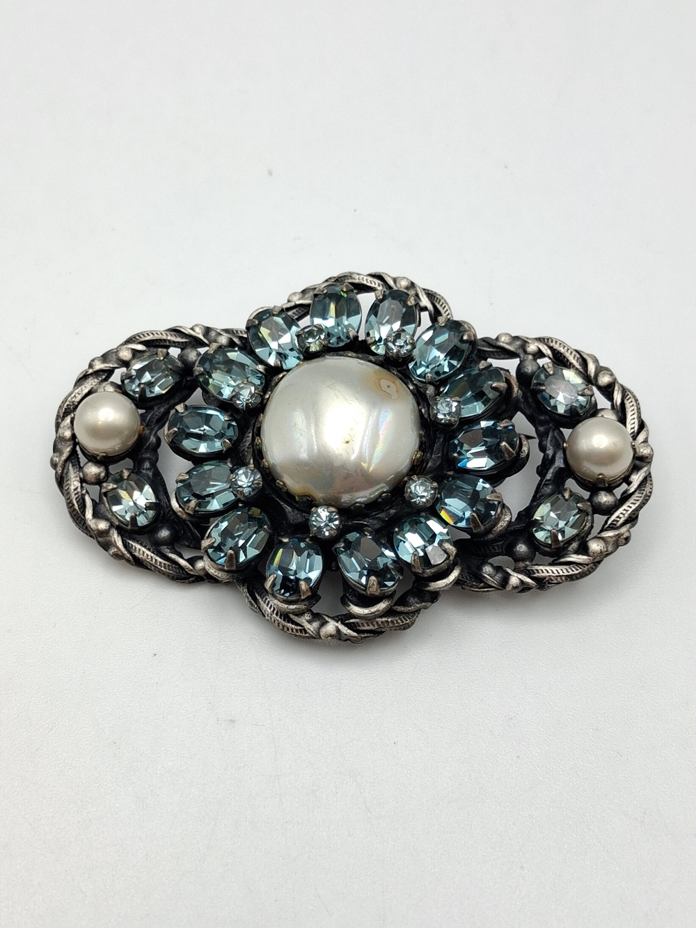 Vintage Rare Silver Tone Brooch with Blue Crystal and Pearl Accents